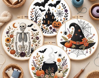 Halloween Embroidery Kit Se, Witch Hat, Skeleton DIY Craft Kit Spooky Fall Floral Embroidery Pattern Beginner Friendly Halloween Decor