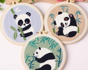 Cute Pandas Punch Needle Kit Beginner, DIY Material Package Set, DIY Craft Kits, Primitive Embroidery, Kit with Yarn/All Materials Included
