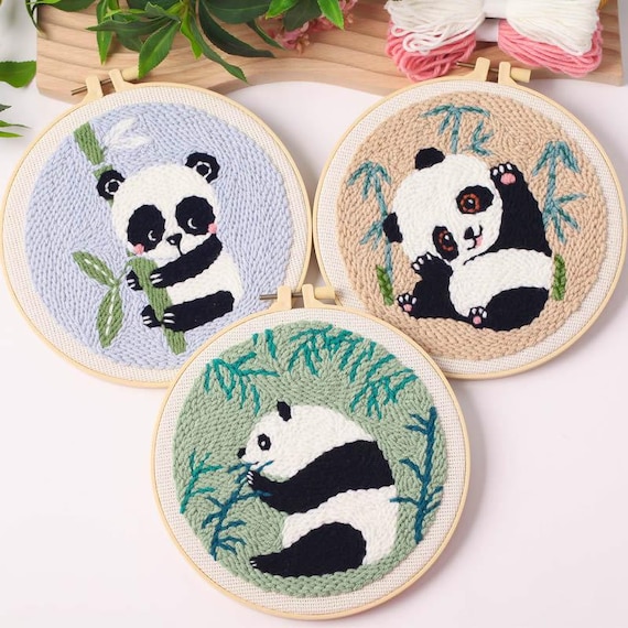 Cute Pandas Punch Needle Kit Beginner, DIY Material Package Set, DIY Craft Kits, Primitive Embroidery, Kit with Yarn/All Materials Included