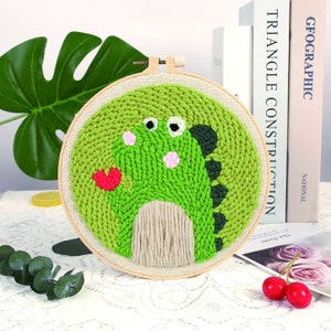 Cute Dinosaur Cat Animal Punch Needle Kit Beginner, DIY Punch Needles Start Kit for Adult, Punch Needle Kit with Yarn/All Materials Included