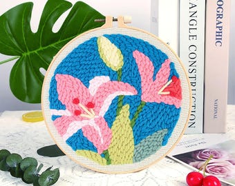 Colorful Flowers Punch Needle Kit Beginner, DIY Material Package Set, DIY Craft Kits, Kit with Yarn/All Materials Included