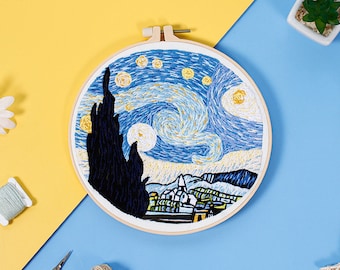 Van Gogh Starry Night Embroidery Kit for Beginners Modern, Hand Adult Beginner Embroidery Kit|DIY Starter Craft Kit for Adults