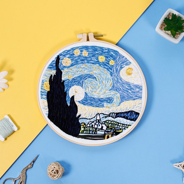 Van Gogh Starry Night Embroidery Kit for Beginners Modern, Hand Adult Beginner Embroidery Kit|DIY Starter Craft Kit for Adults