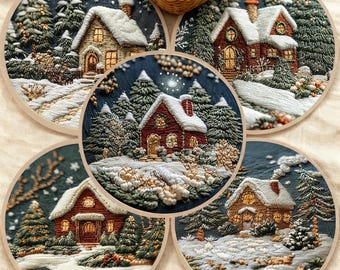 Merry Christmas Embroidery Kit, Cottage Winter Scene, DIY Craft with Hoop