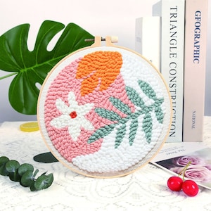 Pink Flower Punch Needle Kit Beginner, DIY Punch Needles Start Kit for Adult, Punch Needle Kit with Yarn/All Materials Included