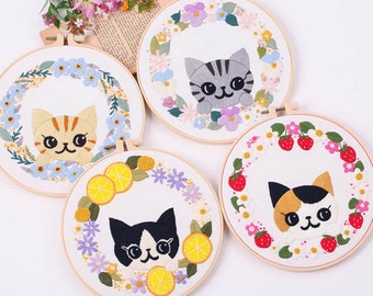 Cute Cat Embroidery Kit for Beginners Modern|Hand Cute Dog Cross Stitch|Easy Art Animal Kit with Hoop|DIY Starter Craft Kit for Adults