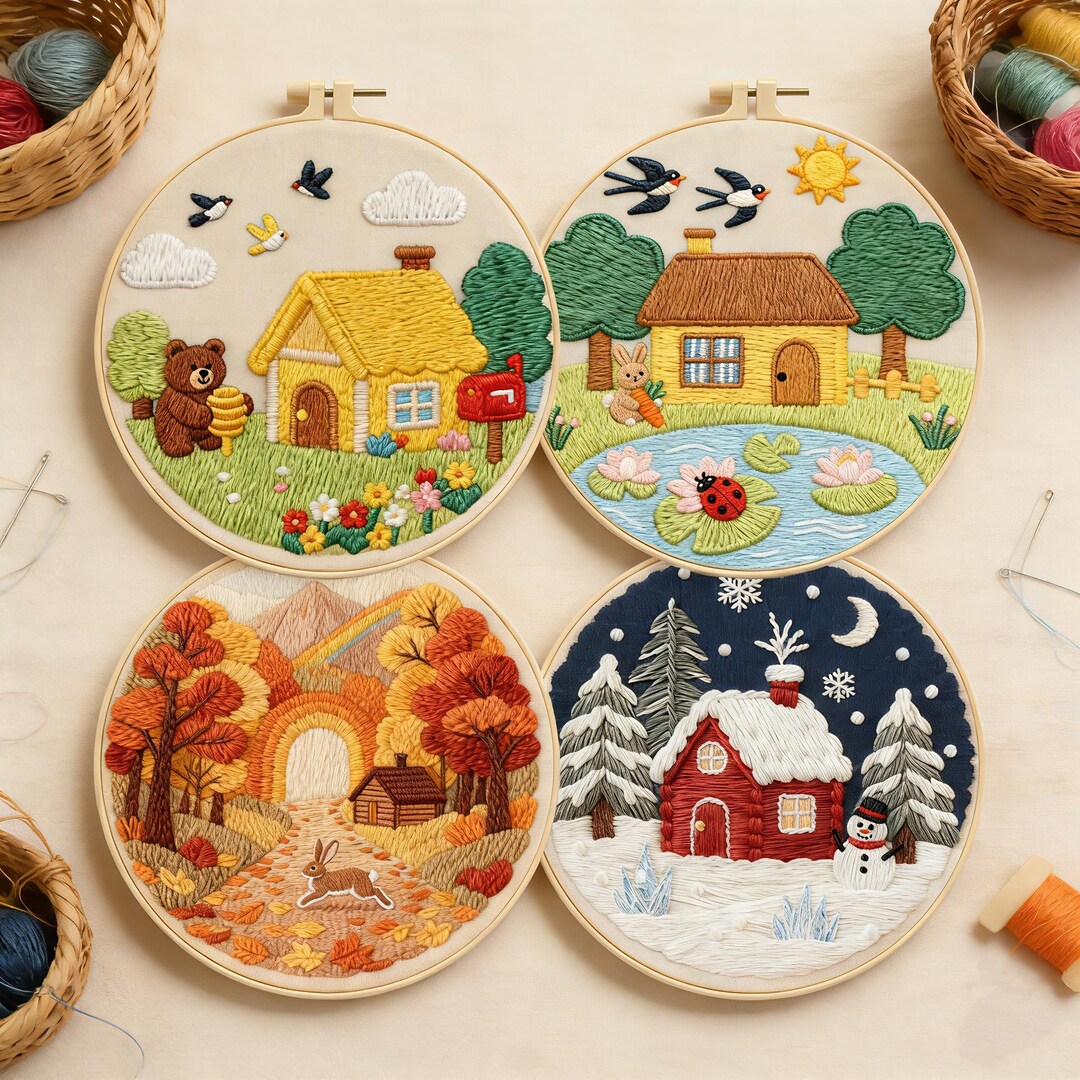 Four Seasons Scenery Embroidery Kit for Beginners Modern, Intricate ...