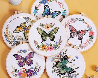 Colorful Butterflies Embroidery Kit for Beginners Modern, Easy Floral/Floral Art Kit with Hoop, DIY Starter Craft Kit for Adults