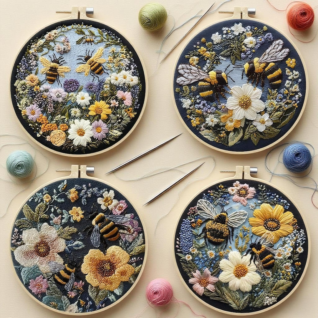 Bees Collect Nectar Embroidery Kit for Beginners Modern, intricate Floral/Floral Art Kit w