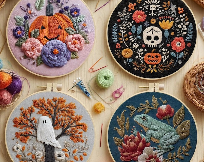 Happy Halloween Embroidery Kit for Beginners Modern, Skull Art Kit with Hoop, DIY Starter Craft Kit for Adults, Halloween Gift