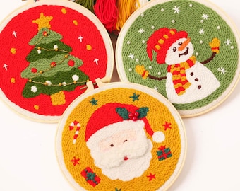 Christmas Punch Needle Kit Beginner, DIY Material Package Set, DIY Craft Kits, Primitive Embroidery, Kit with Yarn/All Materials Included