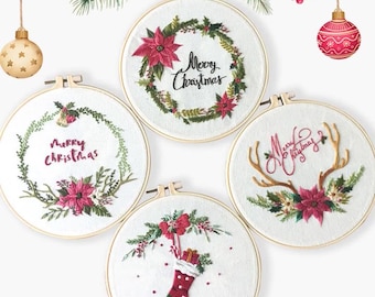 Merry Christmas Embroidery Kit for Beginners Modern|Hand Floral Wreath Cross Stitch|Easy Socks/Elk Kit|DIY Starter Craft Kit with Hoop