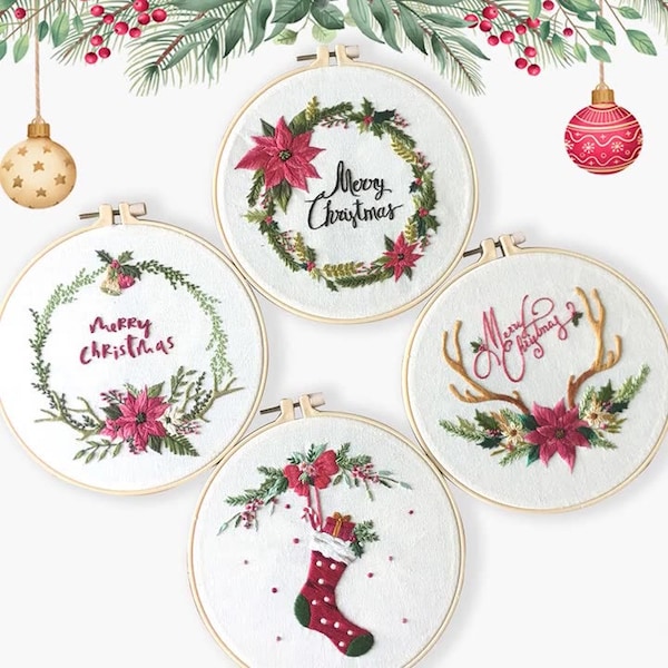 Kit de broderie joyeux Noël pour débutants moderne | Couronne florale à la main au point de croix | Chaussettes faciles/Kit d'élan | Kit de bricolage avec cerceau