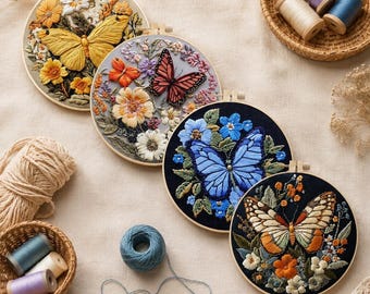 Butterfly Embroidery Kit for Beginners, Floral Hand Embroidery Hoop Art Set, DIY Cross Stitch Craft Kit, Gift for Craft Lovers
