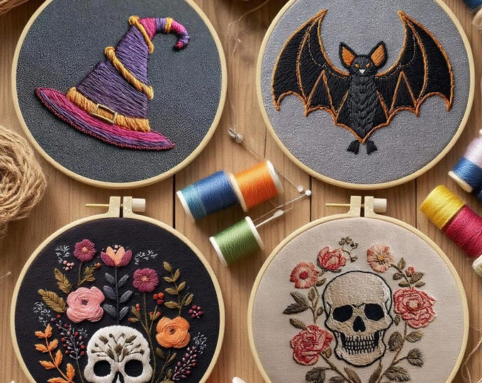 Happy Halloween Embroidery Kit for Beginners Modern, Skull Art Kit with Hoop, DIY Starter Craft Kit for Adults, Halloween Gift