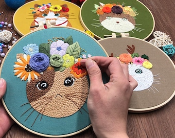 Animal Embroidery Kit for Beginners Modern|Easy Pet/Cat Cross Stitch|Hand Flower/Floral Art Kit with Hoop|DIY Starter Craft Kit for Adults