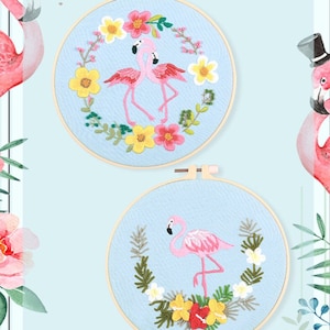 Pink Flamingo Embroidery Kit for Beginners Modern|Hand Animal Cross Stitch|Hoop Easy Floral Wreath Art Kit|DIY Starter Craft Kit for Adults