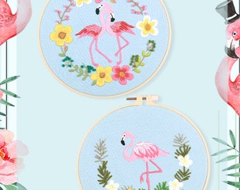 Pink Flamingo Embroidery Kit for Beginners Modern|Hand Animal Cross Stitch|Hoop Easy Floral Wreath Art Kit|DIY Starter Craft Kit for Adults