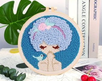 Girl in Hat Embroidery Punch Needle Kit Beginner, DIY Punch