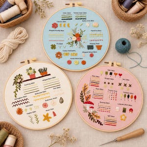 May include: Three circular wooden embroidery hoops containing fabric samplers in light blue, cream, and light pink. Each hoop displays various embroidered stitch techniques with labels, including chain, satin, back, and french knot stitches.