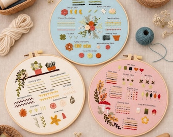 Beginner Embroidery Stitch Sampler Kit, 3 Piece Hoop Set, Floral Mushroom Plant Design, DIY Needlework Practice Kit, Learn Embroidery Gift