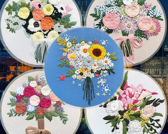 Kit de broderie de fleurs pour débutant | Kit de broderie moderne | Kit complet de broderie florale avec cerceau à l'aiguille | Kit de bricolage à la main pour adultes
