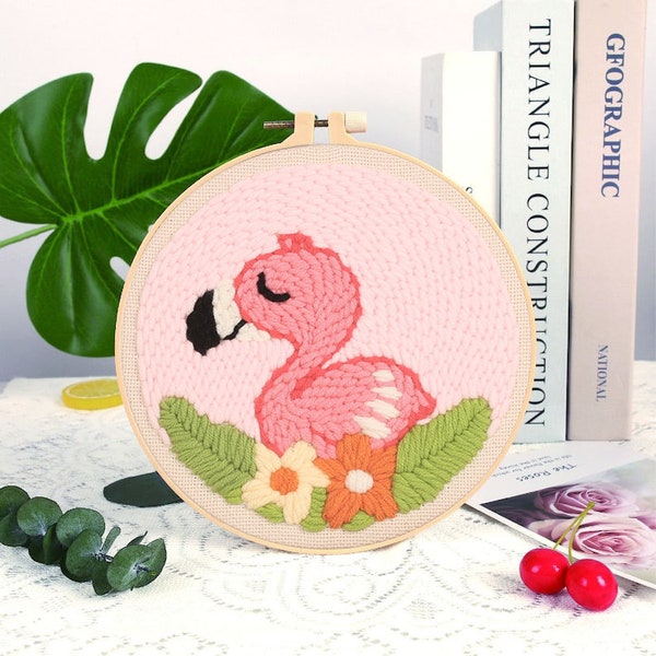 Cute Flamingo Punch Needle Kit Beginner, DIY Animal Material Package Set, Primitive Embroidery Gifts, Kit with Yarn/All Materials Included