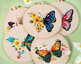 Colorful Butterflies Embroidery Kit for Beginners Modern, Easy Floral/Floral Art Kit with Hoop, DIY Starter Craft Kit for Adults