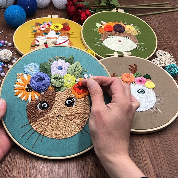 Animal Embroidery Kit for Beginners Modern|Easy Pet/Cat Cross Stitch|Hand Flower/Floral Art Kit with Hoop|DIY Starter Craft Kit for Adults