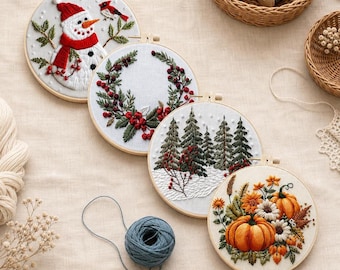 Embroidery Kit for Beginners, Christmas & Fall Embroidery Hoop Kit, DIY Hand Embroidery Starter Kit, Snowman Pumpkin Floral Embroidery Gift