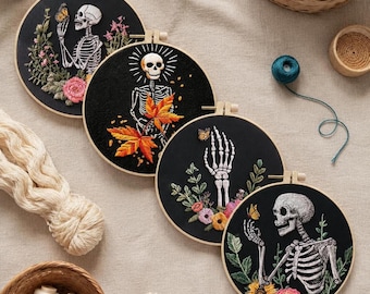 Skeleton theme Embroidery Kit Set, Landscape Embroidery Kit for Beginners, DIY Floral Scenery Hoop Art, Nature Craft Kit Gift