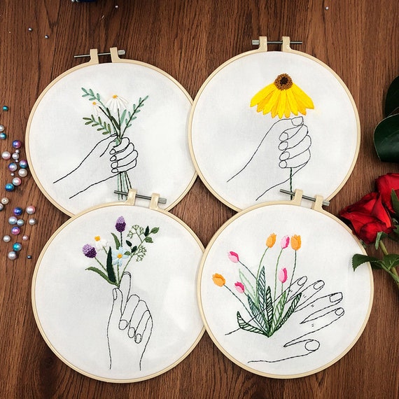 Flower Embroidery Kit for Beginners Modernhand Cross Stitchline Hoop  Arteasy Embroidery Kitdiy Starter Craft Kit for Adults 