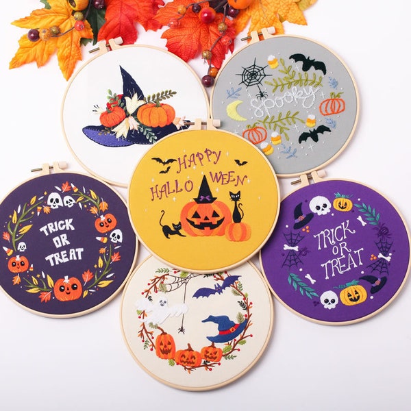 Happy Halloween borduurpakket voor beginners Modern|Hand Trick or Treat Cross Stitch|Hoop Art Pumpkin Kit|DIY Starter Craft Kit voor volwassenen