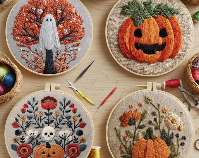 Happy Halloween Embroidery Kit for Beginners Modern, Skull Art Kit with Hoop, DIY Starter Craft Kit for Adults, Halloween Gift