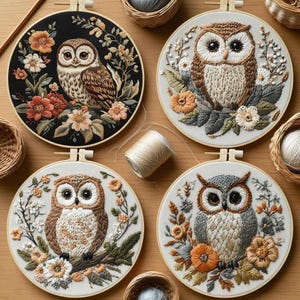 May include: Four owl embroidery hoops. Each circular design showcases a detailed owl surrounded by floral patterns in shades of brown, orange, and white, set against black and white backgrounds. The hoops are displayed on a wooden surface.