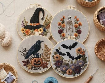 Halloween Embroidery Kit Se, Witch Hat, Skeleton DIY Craft Kit Spooky Fall Floral Embroidery Pattern Beginner Friendly Halloween Decor