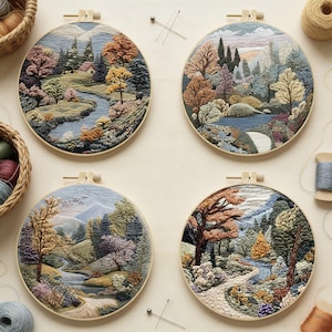 May include: Four circular embroidery hoops displaying detailed landscape scenes with trees, rivers, and mountains. The colour palette includes shades of green, brown, blue, and yellow. Each piece is mounted in a wooden hoop, showcasing a handcrafted art style.
