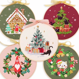 Kit de bordado de Feliz Navidad para principiantes moderno/corona floral a mano punto de cruz/calcetines fáciles/kit de alce/kit de manualidades para principiantes con aro