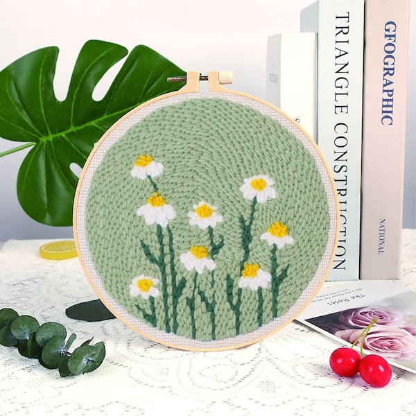 Fresh Daisy Punch Needle Kit Beginner, DIY Material Package Set, DIY Craft Kits, Primitive Embroidery, Kit with Yarn/All Materials Included