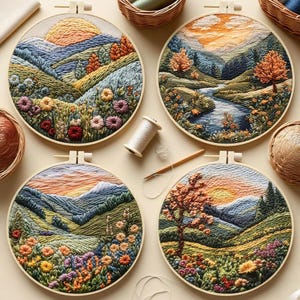 May include: Four circular embroidery hoops displaying landscape scenes. Each depicts a sunset, mountains, and colourful flowers. The embroidery uses shades of blue, green, orange, and yellow. A spool of thread and a needle are also visible.