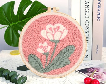 Pink Flower Punch Needle Kit Beginner, DIY Material Package Set, DIY Craft Kits, Primitive Embroidery, Kit with Yarn/All Materials Included