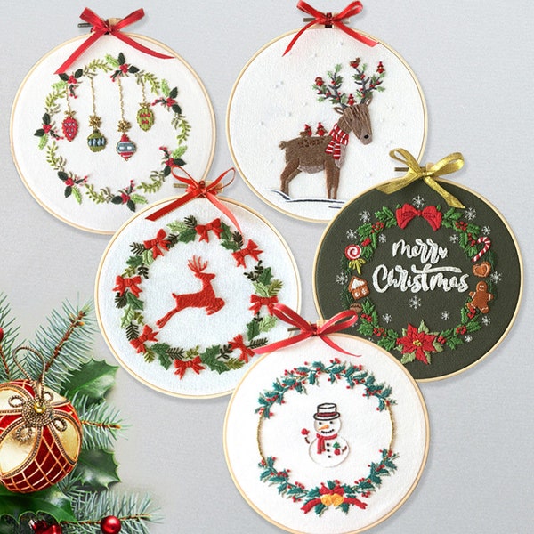 Kit de broderie joyeux Noël moderne pour débutants | Couronne de fleurs au point de croix | Kit facile bonhomme de neige/élan | Kit de bricolage avec cerceau