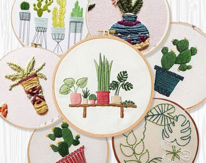 Cactus Plant Embroidery Kit for Beginners Modern|Easy Cross Stitch|Hand Green Leaves Art Kit with Hoop|DIY Starter Craft Kit for Adults