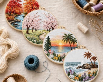 Landscape Embroidery Kit for Beginners, DIY Four Seasons Embroidery Hoop Kit, Cherry Blossom Autumn Forest Beach Sunset, Craft Gift for Her