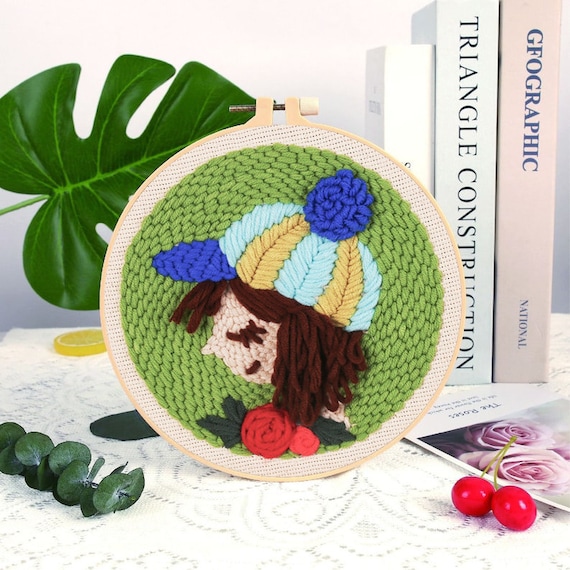 Girl in Hat Embroidery Punch Needle Kit Beginner, DIY Punch