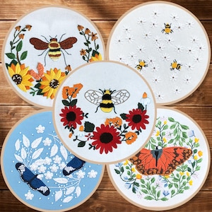 Bee Butterfly Animal Embroidery Kit for Beginners Modern|Easy Cross Stitch|Hand Plant Art Kit with Hoop|DIY Starter Craft Kit for Adults
