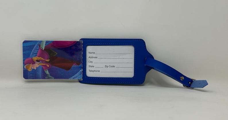 May include: Blue luggage tag with a clear plastic insert featuring a cartoon image of a girl with long blonde hair wearing a pink and blue dress. The tag has a white label with the words "Name", "Address", "City", "State", "Zip Code", and "Telephone".