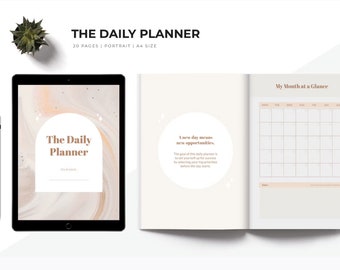 May include: A digital planner with a beige marble background and the text "The Daily Planner" in brown. The planner includes a monthly calendar and a page with the text "A new day means new opportunities."