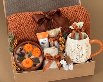 Pumpkin Fall Care Package For Women, Hug In A Box, Encouragement Blanket Gift Set, Hygge Gift Box, Thinking Of You, Cozy Self Care Gift
