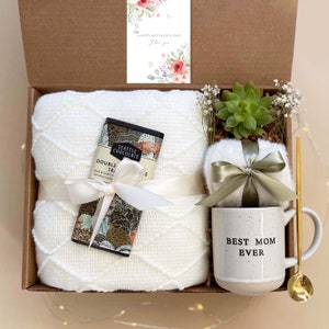 Coffret cadeau Joyeuse fête des mères avec couverture, chaussettes et succulentes | Cadeau pour maman, panier-cadeau pour la fête des mères, coffret cadeau pour femme, cadeau pour elle